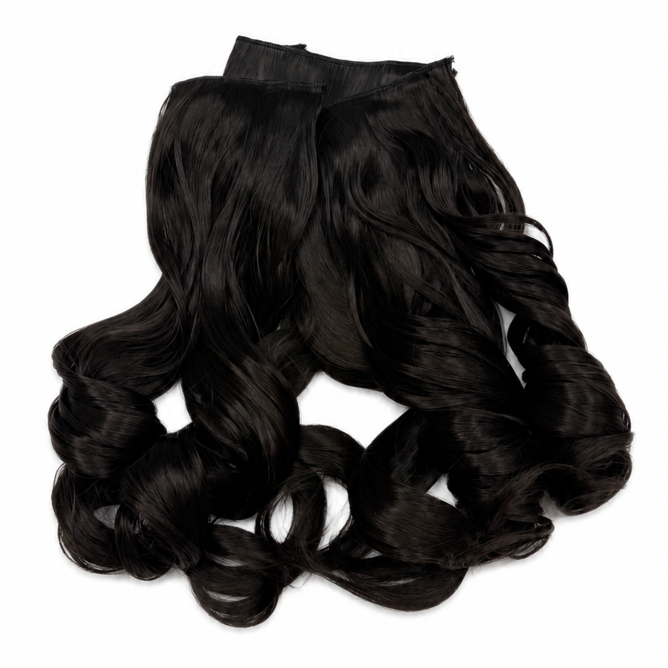 Three-piece set of dark brown to black wavy hair extensions on a plain white background.