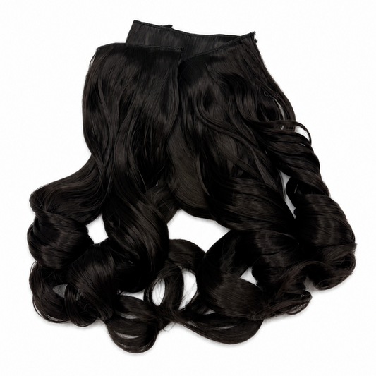 Three-piece set of dark brown to black wavy hair extensions on a plain white background.