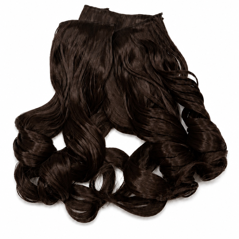 Three bundles of dark brown wavy hair extensions with a black adhesive base, displayed on a solid white background.