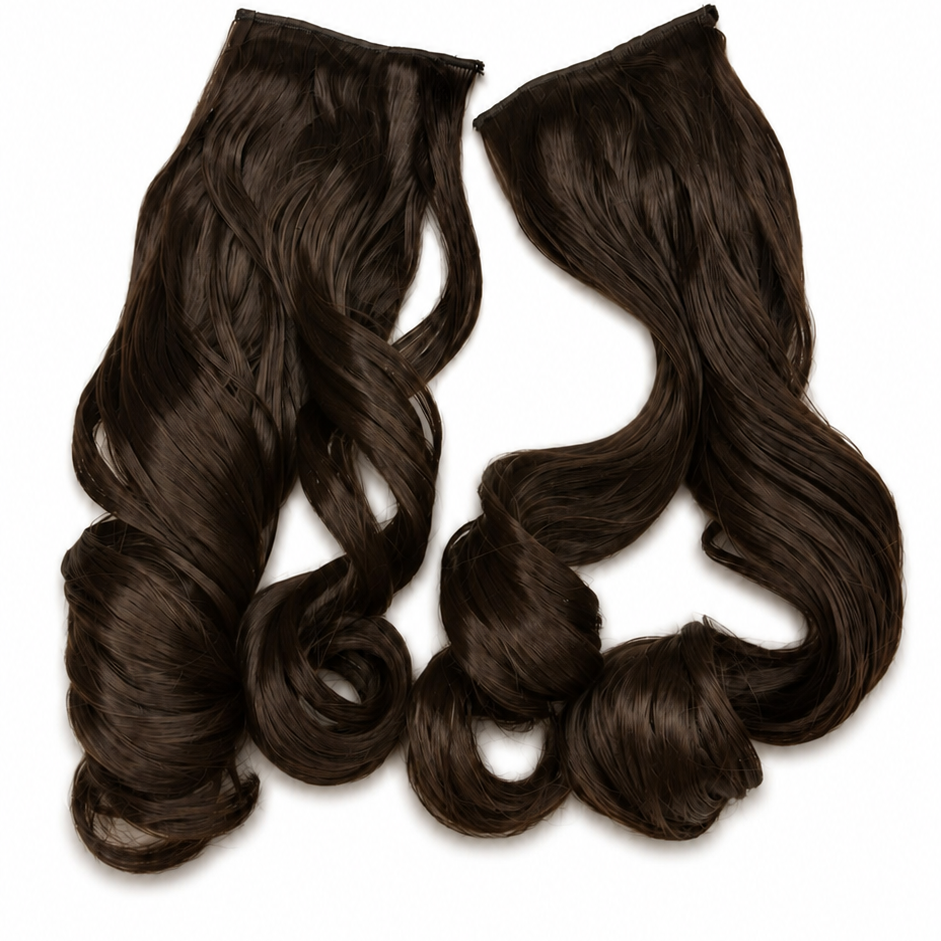 Two dark brown wavy hair extensions with clip-in backs, displayed against a plain white background.