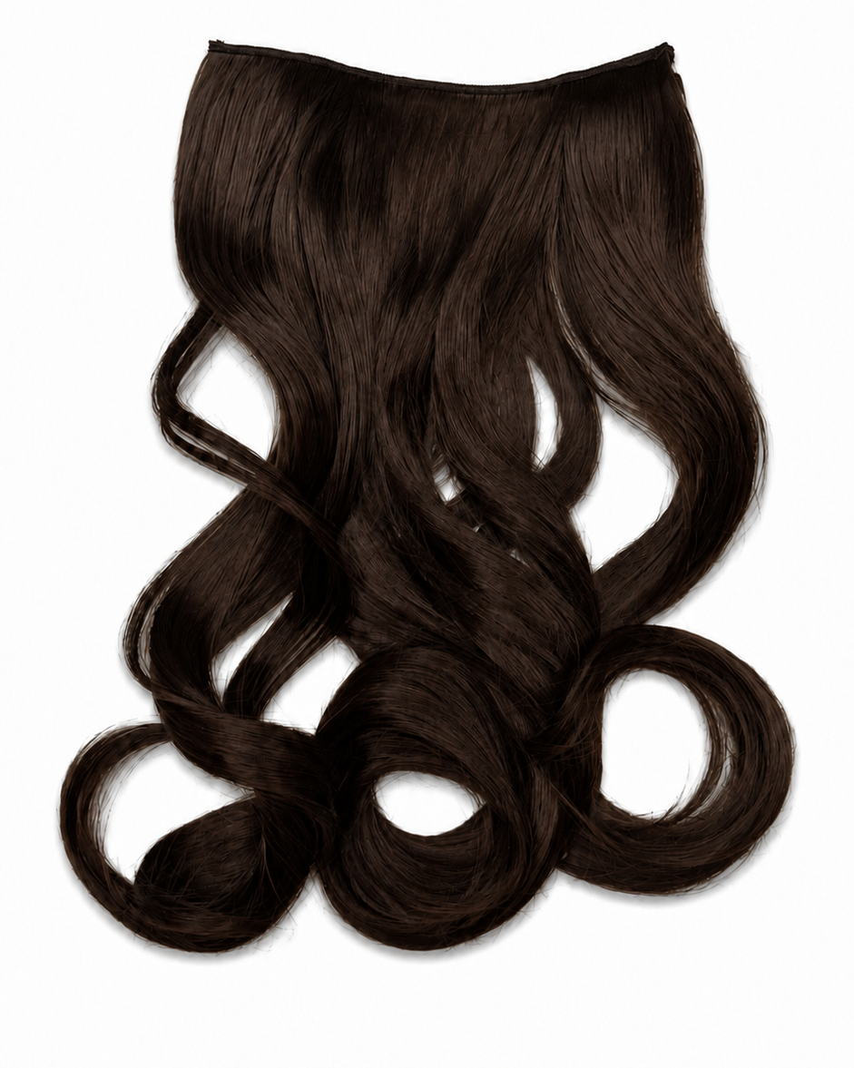 A dark brown wavy hair extension piece with a band at the top, displayed against a solid white background.