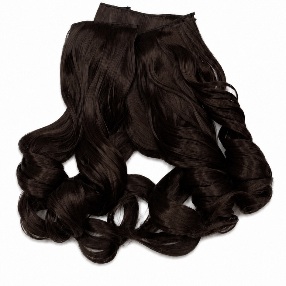 Three-piece set of dark brown to black wavy hair extensions on a plain white background.